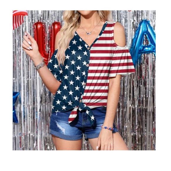 Spadehill Size S Cold Shoulder Button Down Top Stretch Stars Stripes America USA - Picture 2 of 13